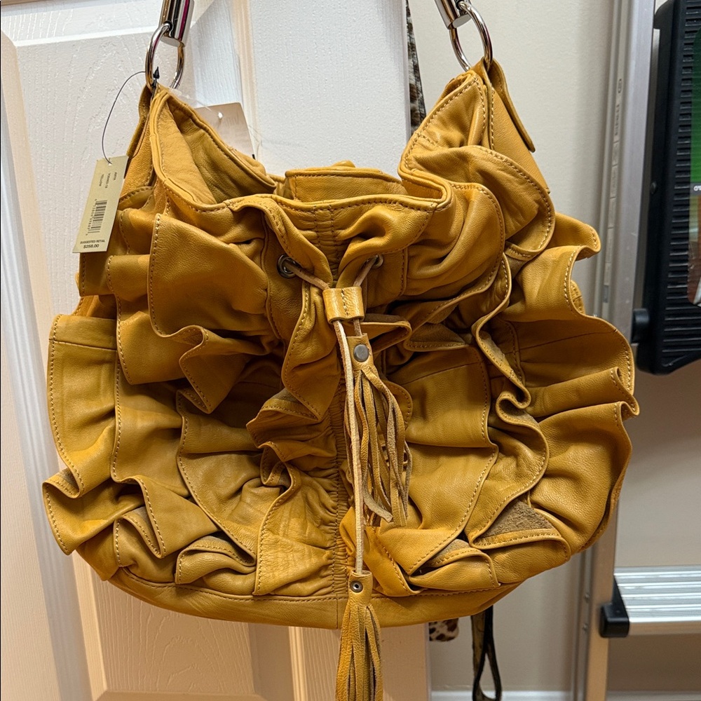 Adrienne Vittadini Mustard Ruffled Hobo Bag